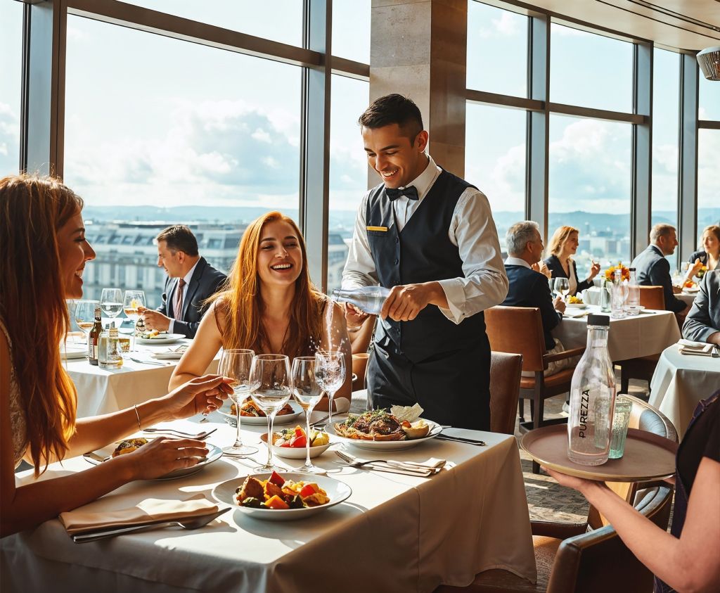 Guests enjoying a premium dining experience with Purezza water